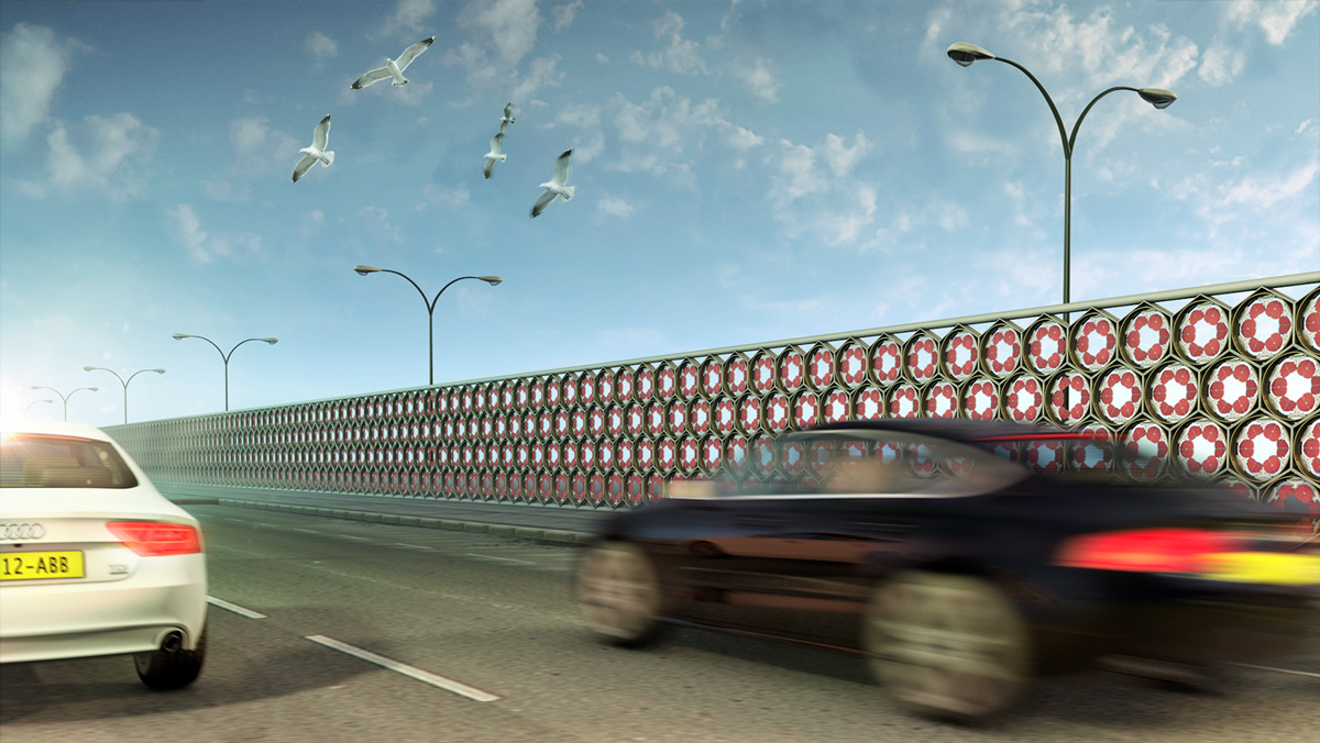 3D visual van hexa tetra rotoropstelling langs de autosnelweg