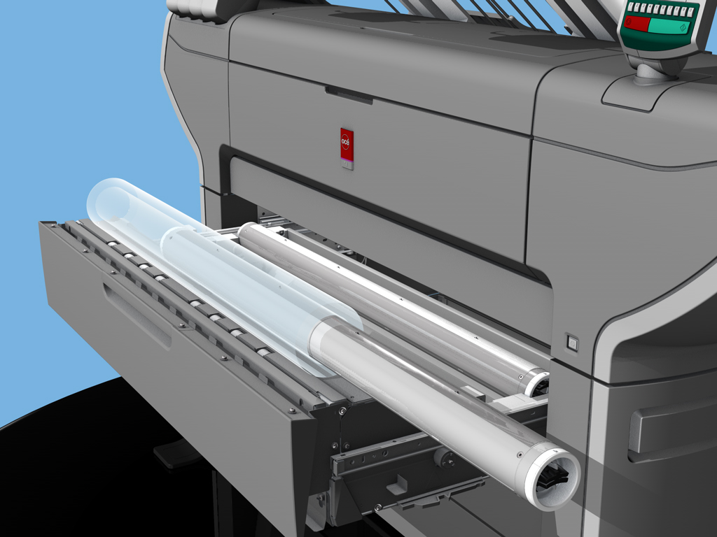 Papierrol kan verwisseld worden op een handige inlegrail in de printerlade die ervoor zorgt dat er geen onnodige belasting is voor de rug.